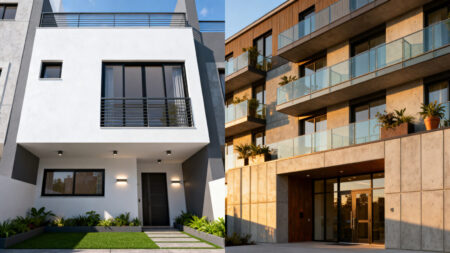 Fachada contemporánea de vivienda unifamiliar con jardín delantero y balcón metálico en ambiente urbano moderno.