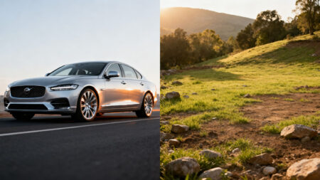 Coche moderno sobre asfalto junto a paisaje rural con pasto y colinas, composición equilibrada y luz cálida.